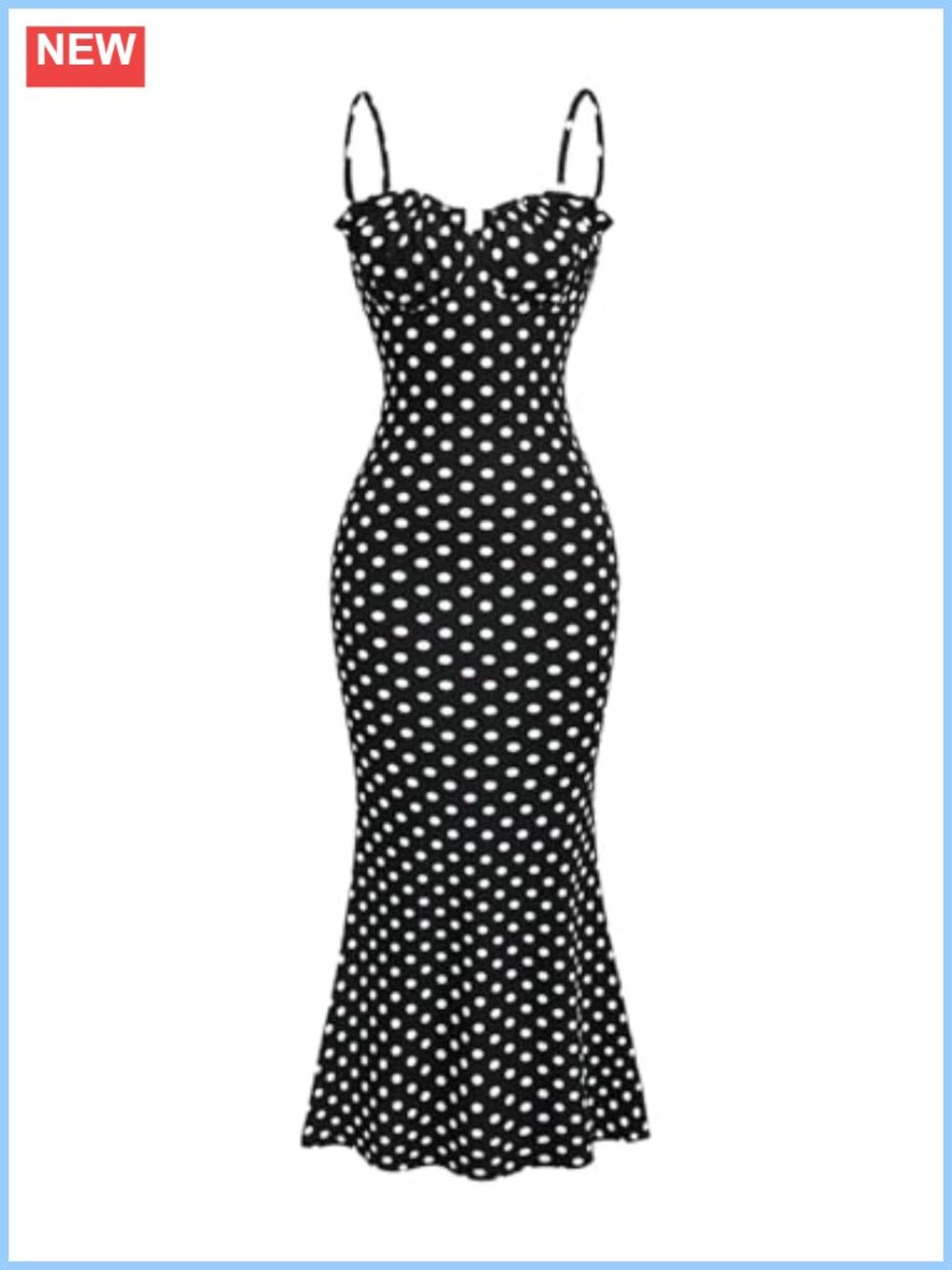 Polka Dots Frill Trim Cami Dress Fishtail Maxi Bodycon